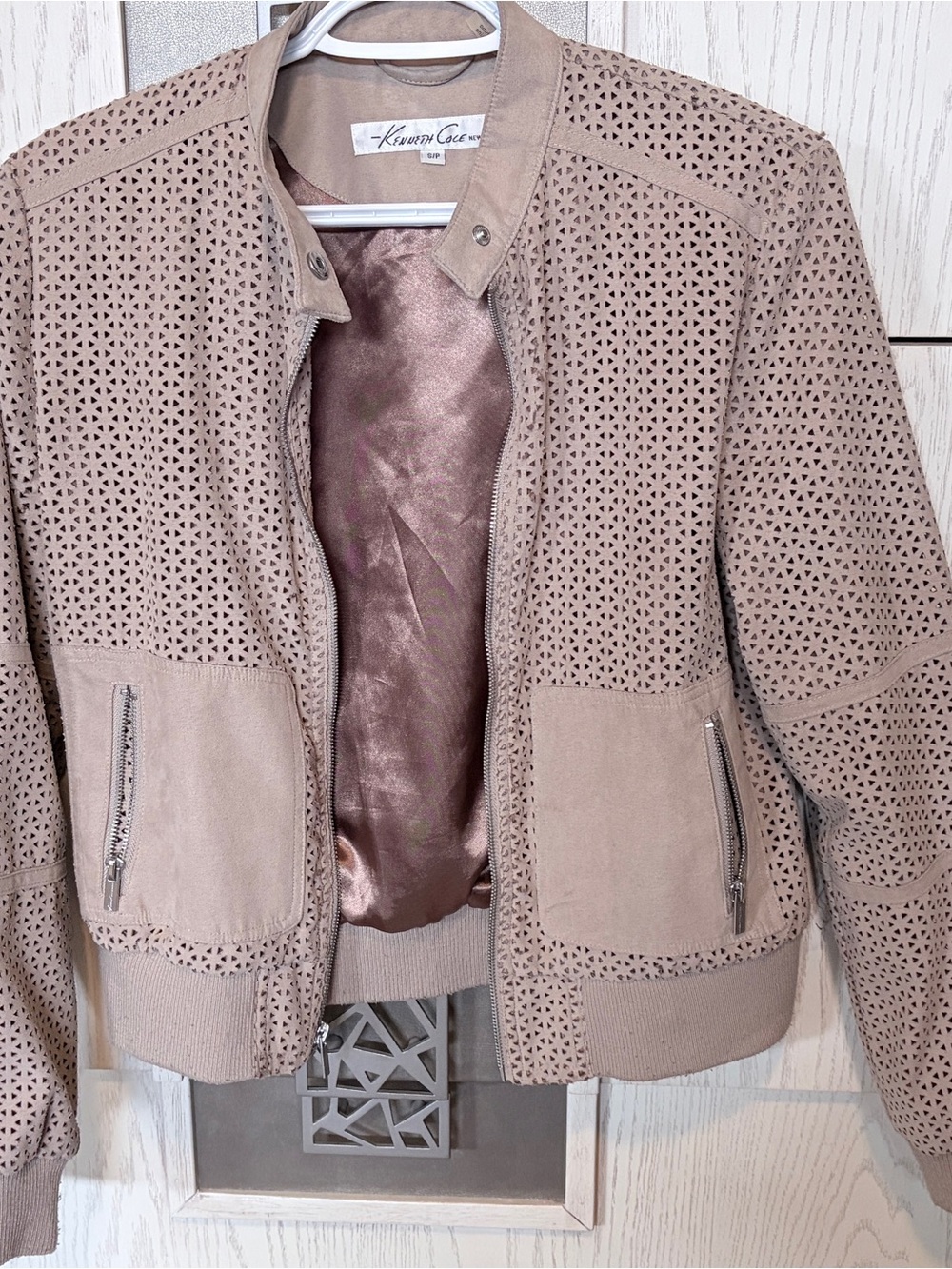 Kenneth Cole New York Perforated Taupe Bomber Jacket